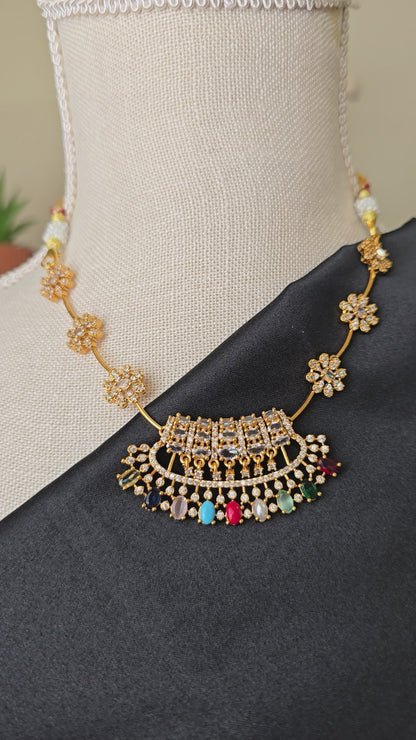 INDIAN MULTI Jewellery -  Necklace set with Ad Cz Navaratna stones Dainty Trendy gifts for women girls