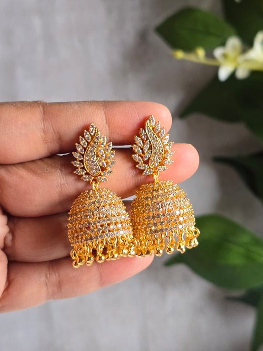 Luxury CZ Gold Jhumka Earrings | Statement Indian Wedding & Party Jewelry