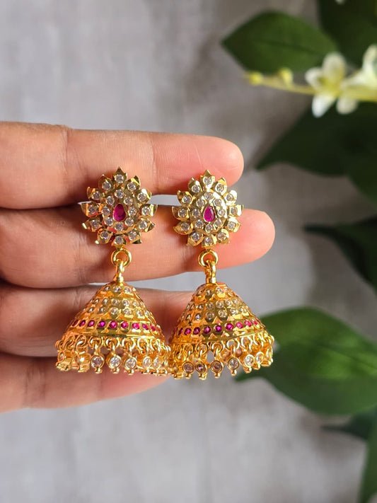 Traditional Gold Finish CZ & Ruby Stone Jhumka Earrings | Indian Ethnic Wedding Jewelry (Copy) (Copy) (Copy)