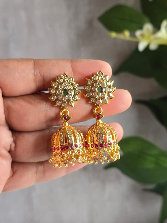 Traditional Gold Finish CZ & Ruby Stone Jhumka Earrings | Indian Ethnic Wedding Jewelry