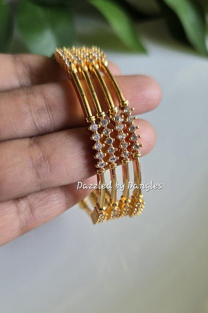 Gold Finish White Stone Bangles Set of 4 | Indian Stackable Bangles for Women | Festive & Wedding Jewelry