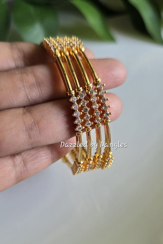 Gold Finish White Stone Bangles Set of 4 | Indian Stackable Bangles for Women | Festive & Wedding Jewelry