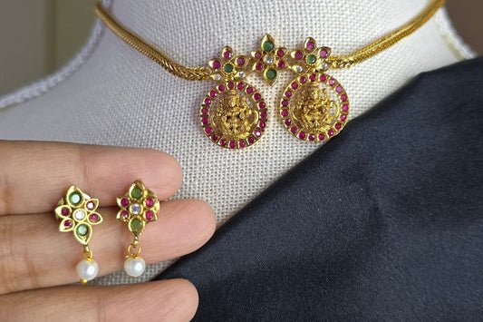 South Indian Temple Choker Necklace Set | Lakshmi Coin Choker with Ruby & Green Stones | Traditional Indian Bridal Jewelry | Budget Friendly Ethnic Necklace with Earrings