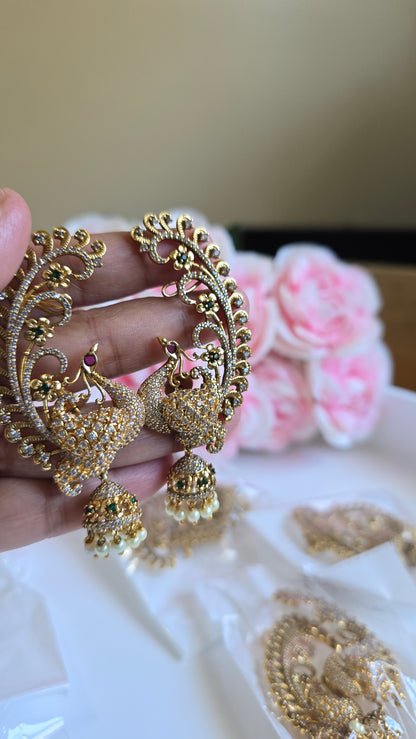 South Indian Peacock Jhumka Earrings | Traditional Temple Style Kemp Stone Jhumkas | Bridal & Festive Jewelry | Tamil Ethnic Earrings