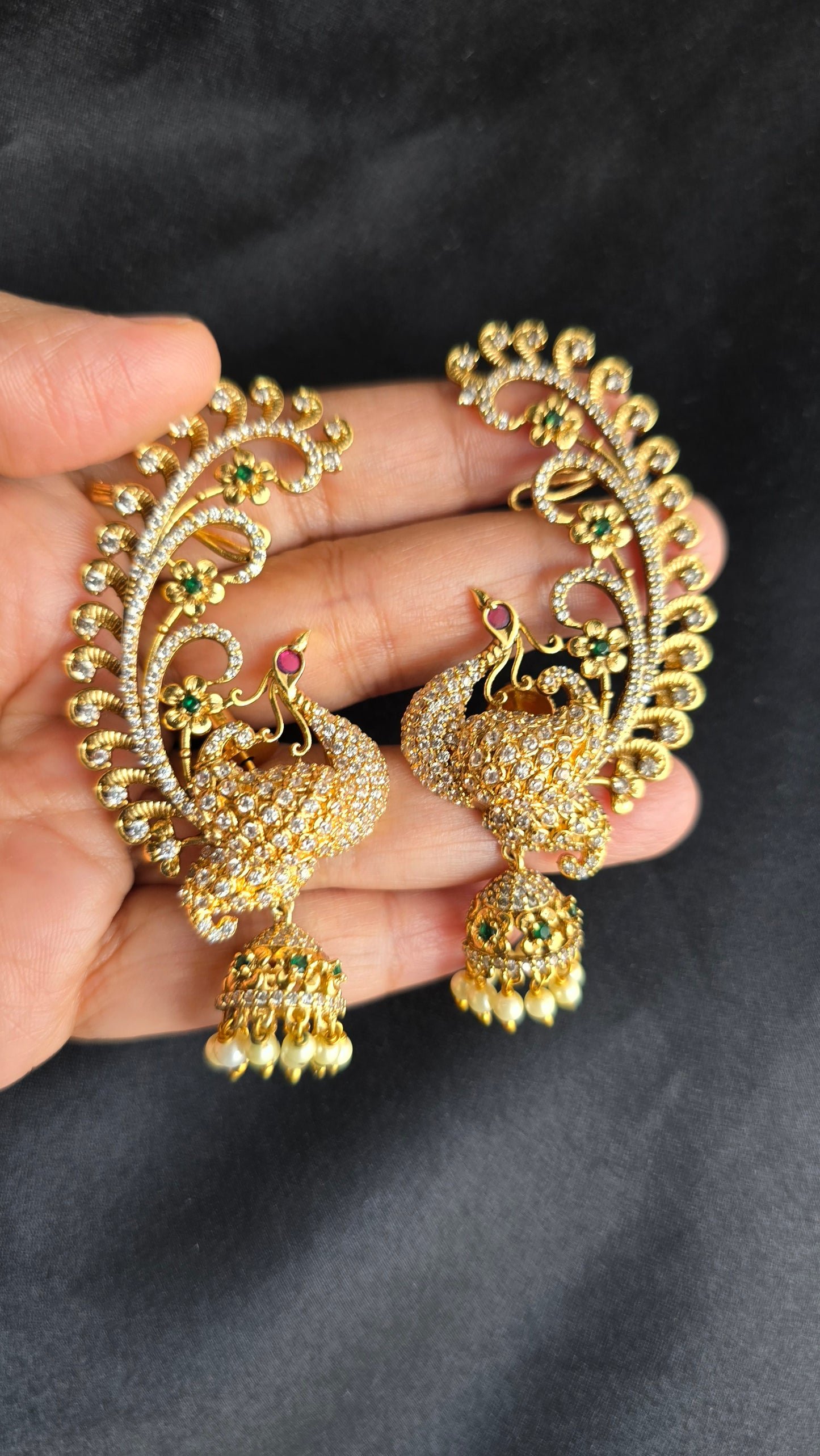 South Indian Peacock Jhumka Earrings | Traditional Temple Style Kemp Stone Jhumkas | Bridal & Festive Jewelry | Tamil Ethnic Earrings