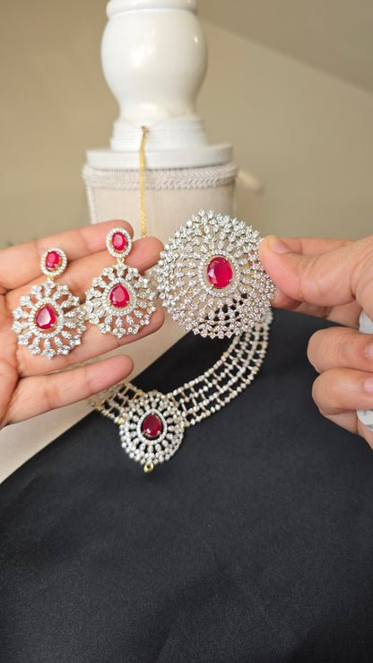 INDIAN RUBY HARAM Jewelry Mid length Necklace Earrings & Maang tika Diamond finish