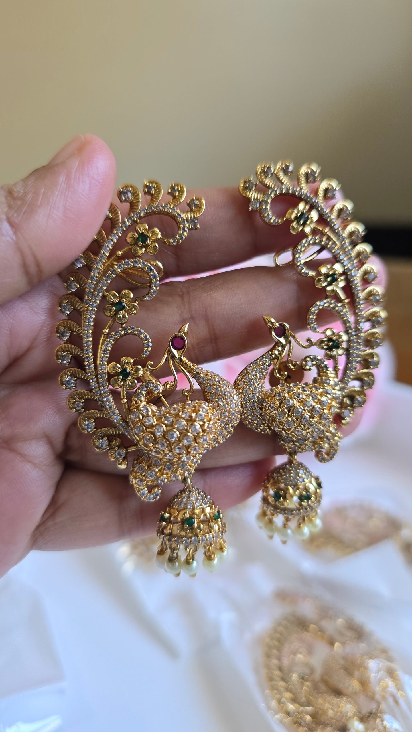 South Indian Peacock Jhumka Earrings | Traditional Temple Style Kemp Stone Jhumkas | Bridal & Festive Jewelry | Tamil Ethnic Earrings