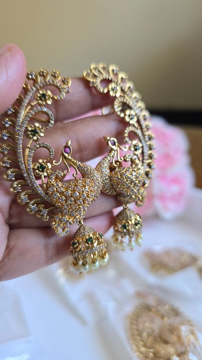 South Indian Peacock Jhumka Earrings | Traditional Temple Style Kemp Stone Jhumkas | Bridal & Festive Jewelry | Tamil Ethnic Earrings