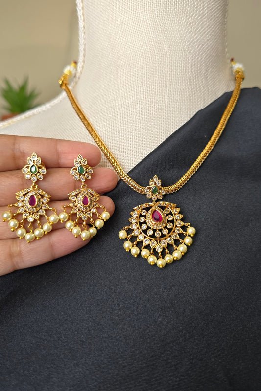 Gold finish Pendant chain necklace with pearl drops Guttapusalu Trending Jewellery set
